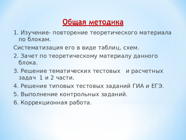 1. Изучение- повторение теоретического материала по блокам. Систематизация его в виде таблиц, схем. 2. Зачет по теоретическому материалу данного блока. 3. Решение тематических тестовых и расчетных задач 1  и 2 части. 4. Решение типовых тестовых заданий ГИА и ЕГЭ. 5. Выполнение контрольных заданий. 6. Коррекционная работа.    