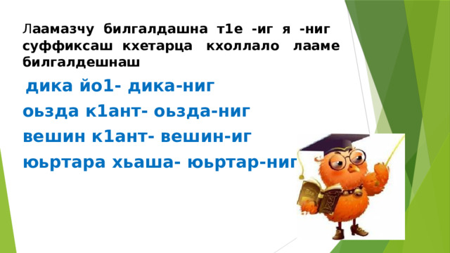 Л аамазчу билгалдашна т1е -иг я -ниг суффиксаш кхетарца кхоллало лааме билгалдешнаш  дика йо1- дика-ниг оьзда к1ант- оьзда-ниг вешин к1ант- вешин-иг юьртара хьаша- юьртар-ниг 