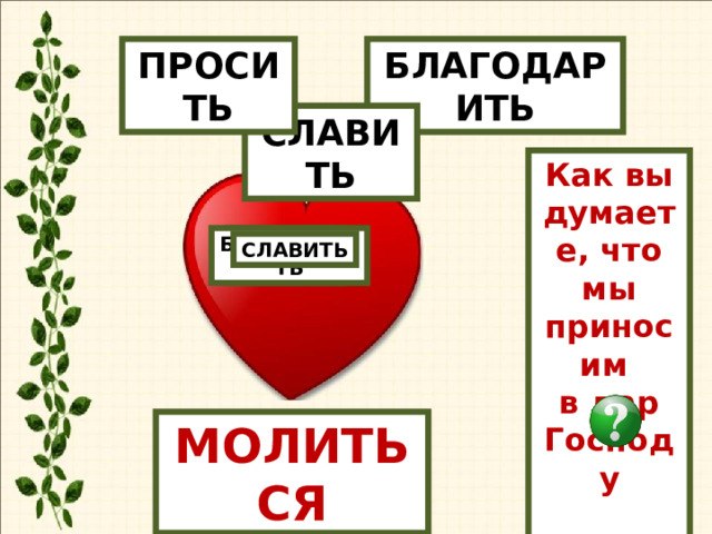 БЛАГОДАРИТЬ ПРОСИТЬ СЛАВИТЬ Как вы думаете, что мы приносим в дар Господу   ПРОСИТЬ БЛАГОДАРИТЬ СЛАВИТЬ МОЛИТЬСЯ 