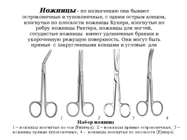 Ножницы  – по назначению они бывают остроконечные и тупоконечные, с одним острым концом, изогнутые по плоскости ножницы Купера, изогнутые по ребру ножницы Рихтера, ножницы для ногтей, сосудистые ножницы имеют удлиненные бранши и укороченную режущую поверхность. Они могут быть прямые с закругленными концами и угловые для рассечения сосуда только в определенном положении.  