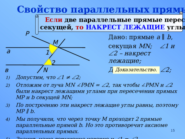 Если две параллельные прямые пересечены секущей то накрест лежащие углы равны рисунок