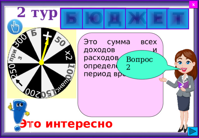 Б 300 250 приз 200 150 шанс 2 100 х2 50 + х 2 тур  Д Е Ж Б Ю  Л Т       Это сумма всех доходов и расходов семьи за определённый период времени. Вопрос 2 Это интересно 