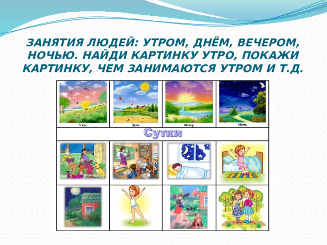 ЗАНЯТИЯ ЛЮДЕЙ: УТРОМ, ДНЁМ, ВЕЧЕРОМ, НОЧЬЮ. НАЙДИ КАРТИНКУ УТРО, ПОКАЖИ КАРТИНКУ, ЧЕМ ЗАНИМАЮТСЯ УТРОМ И Т.Д. 