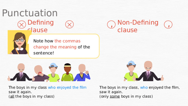 Punctuation , , Defining clause Non-Defining clause Note how the commas change the meaning of the sentence! The boys in my class who  enjoyed the film saw it again. The boys in my class, who enjoyed the film, saw it again. (only some boys in my class) ( all the boys in my class) 