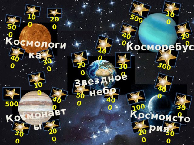        100   400       500    300    100    200    300    400   500   300  200    100     400    500    100    400    200    500    300   Космологика  400   100  Космоистория 200 Космонавты Звездное небо    200 Косморебус    300    500 