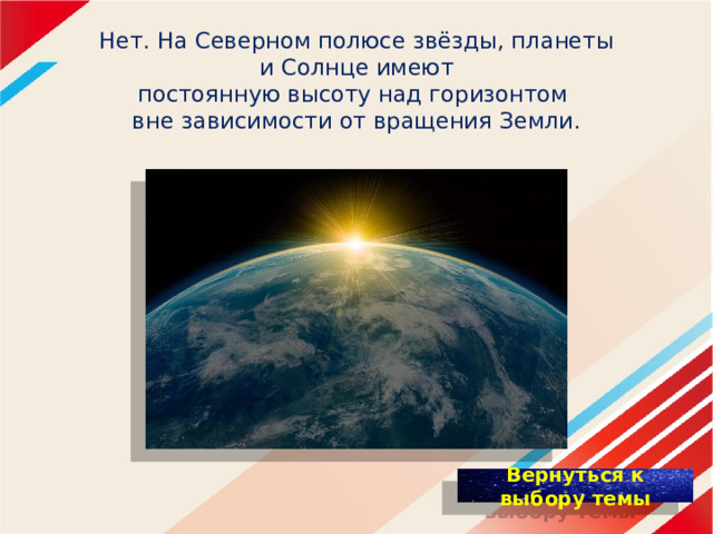 Нет. На Северном полюсе звёзды, планеты и Солнце имеют постоянную высоту над горизонтом   вне зависимости от вращения Земли.   
