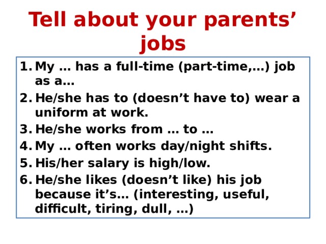 Спотлайт 8 модуль 8. My parents jobs английский язык 6 класс. My parents jobs. My parents jobs 6 класс ответы. Tell about your parents jobs 10 предложений.