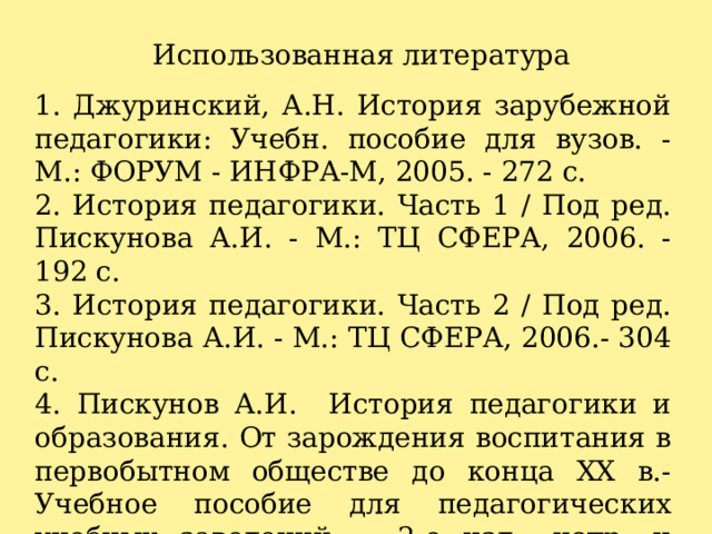 Использованная литература 1. Джуринский, А.Н. История зарубежной педагогики: Учебн. пособие для вузов. - М.: ФОРУМ - ИНФРА-М, 2005. - 272 с.  2. История педагогики. Часть 1 / Под ред. Пискунова А.И. - М.: ТЦ СФЕРА, 2006. - 192 с. 3. История педагогики. Часть 2 / Под ред. Пискунова А.И. - М.: ТЦ СФЕРА, 2006.- 304 с. 4. Пискунов А.И. История педагогики и образования. От зарождения воспитания в первобытном обществе до конца XX в.-  Учебное пособие для педагогических учебных заведений. – 2-е изд., испр. и дополн. – М.: Сфера, 2001. – 512 с. 