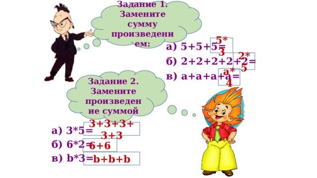 Задание 1. Замените сумму произведением: 5*3 а) 5+5+5= б) 2+2+2+2+2= в) а+а+а+а= 2*5 а*4   Задание 2. Замените произведение суммой  а) 3*5= б) 6*2= в) b*3= В данном варианте презентации анимацию сделала автоматической, по времени, чтобы комиссии было удобнее просматривать. В презентации, используемой на уроке, анимация по щелчку, по мере поступления ответов детей. 3+3+3+3+3 6+6 b+b+b 5 