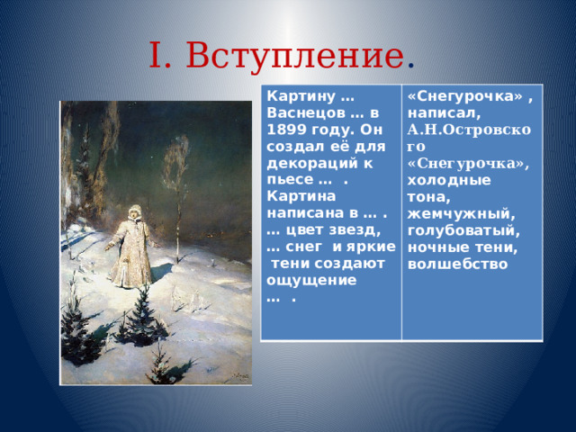 I. Вступление . Картину … Васнецов … в 1899 году. Он создал её для декораций к пьесе … . Картина написана в … . … цвет звезд, … снег и яркие тени создают ощущение … .    «Снегурочка» , написал, А.Н.Островского «Снегурочка», холодные тона, жемчужный, голубоватый, ночные тени, волшебство 