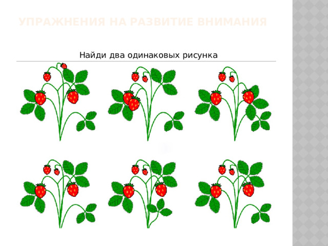 Упражнения на развитие внимания   Найди два одинаковых рисунка 