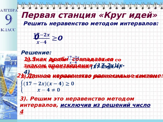 Первая станция «Круг идей» Решить неравенство методом интервалов:     0 Решение:  1).Знак дроби совпадает со знаком произведения (17-2x)(x-4)   2 ). Данное неравенство равносильно системе:    3). Решим это неравенство методом интервалов, исключив из решений число 4 
