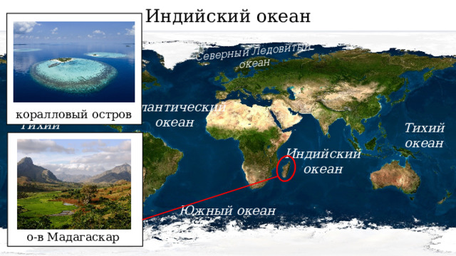 Индийский океан Северный Ледовитый океан Атлантический океан коралловый остров Тихий океан Тихий океан Индийский океан Южный океан о-в Мадагаскар 