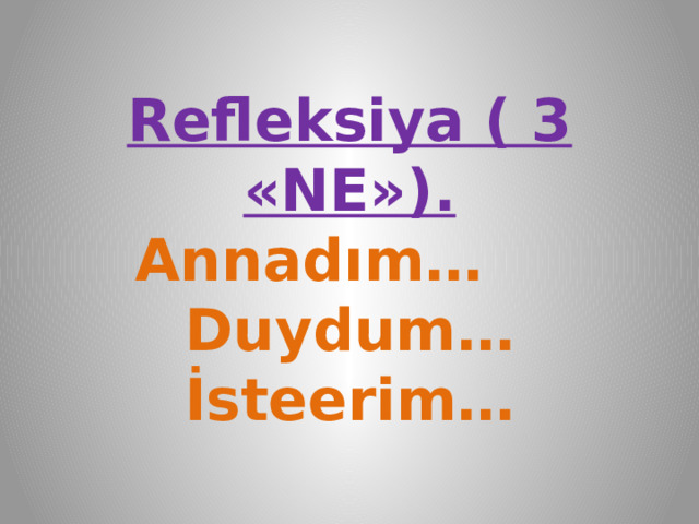 Refleksiya ( 3 «NE»).  Annadım… Duydum…  İsteerim… 