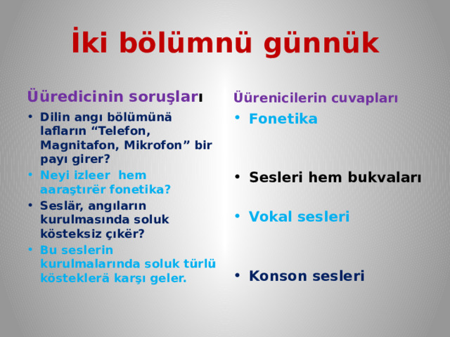 İki bölümnü günnük Üürenicilerin cuvapları Üüredicinin soruşlar ı Dilin angı bölümünä lafların “Telefon, Magnitafon, Mikrofon” bir payı girer? Fonetika  Neyi izleer hem aaraştırёr fonetika? Seslär, angıların kurulmasında soluk kösteksiz çıkёr?  Bu seslerin kurulmalarında soluk türlü kösteklerä karşı geler. Sesleri hem bukvaları  Vokal sesleri   Konson sesleri 