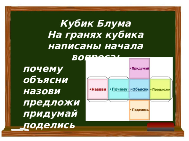  Кубик Блума На гранях кубика написаны начала вопроса: почему объясни назови предложи придумай поделись      