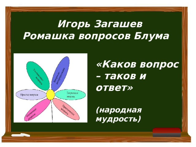    Игорь Загашев Ромашка вопросов Блума «Каков вопрос – таков и ответ»  (народная мудрость) 