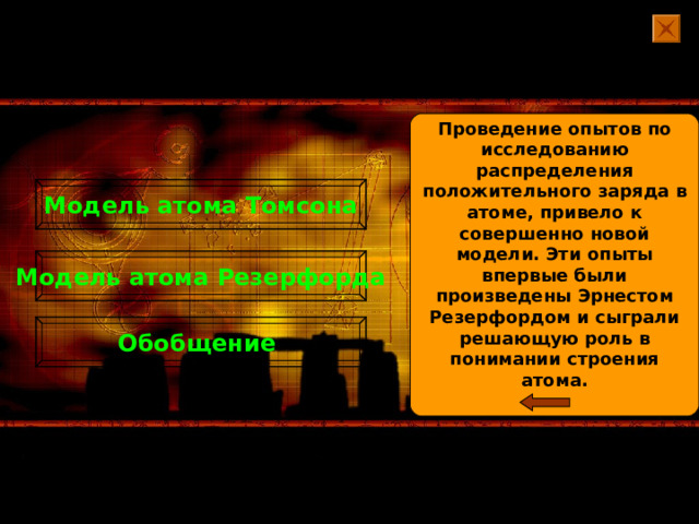Проведение опытов по исследованию распределения положительного заряда в атоме, привело к совершенно новой модели. Эти опыты впервые были произведены Эрнестом Резерфордом и сыграли решающую роль в понимании строения атома.  Модель атома Томсона Модель атома Резерфорда Обобщение 
