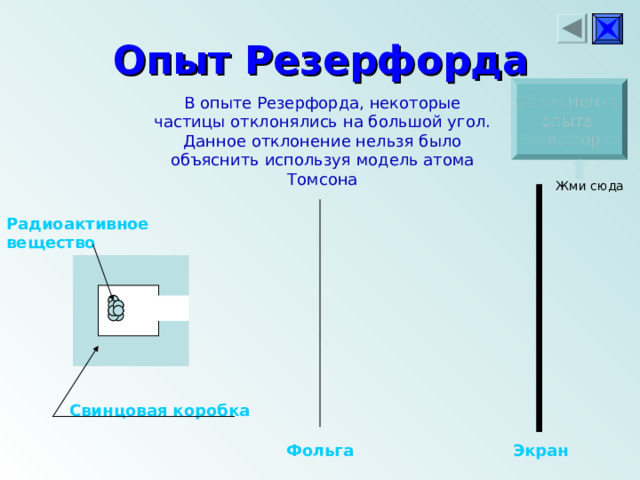 Опыт Резерфорда Объяснение опыта Резерфорда В опыте Резерфорда, некоторые частицы отклонялись на большой угол. Данное отклонение нельзя было объяснить используя модель атома Томсона Жми сюда Радиоактивное вещество Свинцовая коробка Экран Фольга 
