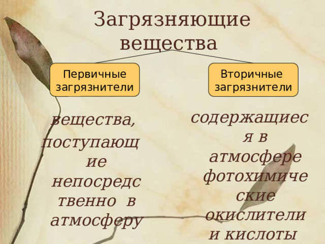 Загрязняющие вещества  вещества, поступающие непосредственно в атмосферу содержащиеся в атмосфере фотохимические окислители и кислоты Вторичные Первичные загрязнители загрязнители 