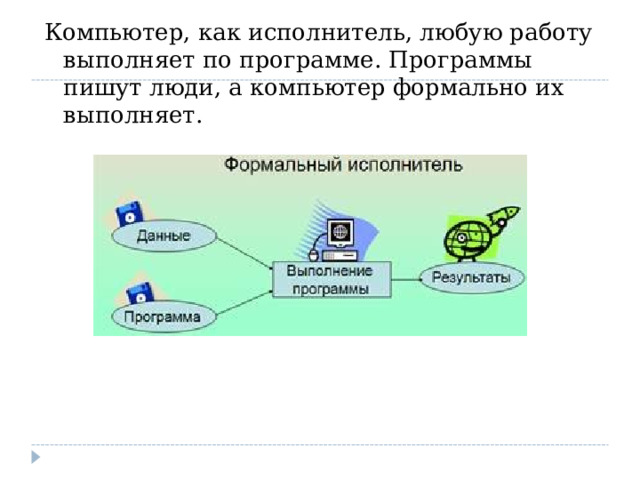 Компьютер, как исполнитель, любую работу выполняет по программе. Программы пишут люди, а компьютер формально их выполняет. 