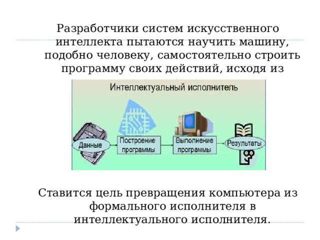 Разработчики систем искусственного интеллекта пытаются научить машину, подобно человеку, самостоятельно строить программу своих действий, исходя из условия задачи.  Ставится цель превращения компьютера из формального исполнителя в интеллектуального исполнителя. 