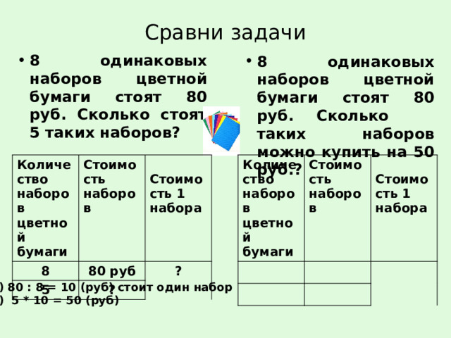 Решение задачи 80. Сравни задачи. Сравни задачи 8 одинаковых наборов цветной бумаги. 8 Одинаковых наборов цветной бумаги стоят 80 рублей.