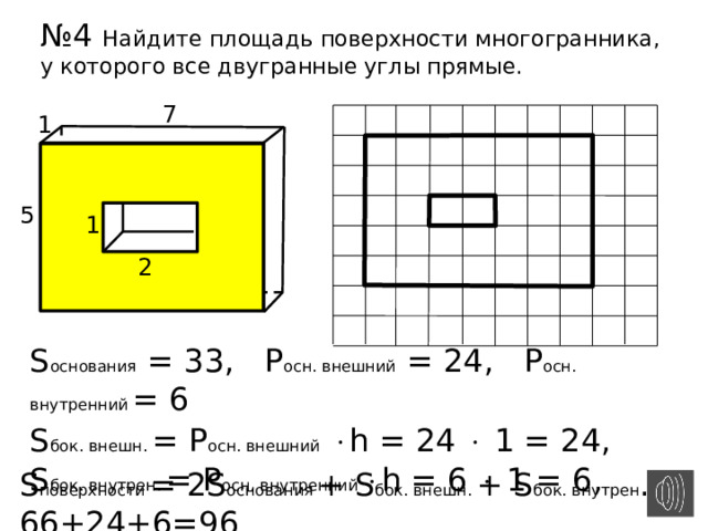 № 4 Найдите площадь поверхности многогранника, у которого все двугранные углы прямые. 7 1 5 1 2 S основания  = 33, Р осн. внешний  = 24, Р осн. внутренний = 6 S бок. внешн. = Р осн. внешний   h = 24  1 = 24, S бок. внутрен. = Р осн. внутренний  h = 6  1 = 6, S поверхности = 2S основания + S бок. внешн. + S бок. внутрен .= 66+24+6=96 