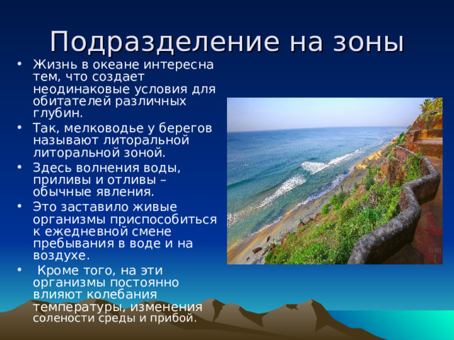 Подразделение на зоны Жизнь в океане интересна тем, что создает неодинаковые условия для обитателей различных глубин. Так, мелководье у берегов называют литоральной литоральной зоной. Здесь волнения воды, приливы и отливы – обычные явления. Это заставило живые организмы приспособиться к ежедневной смене пребывания в воде и на воздухе.  Кроме того, на эти организмы постоянно влияют колебания температуры, изменения солености среды и прибой. 