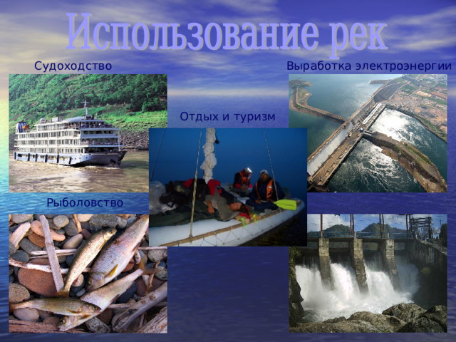 Судоходство Выработка электроэнергии Отдых и туризм Рыболовство 