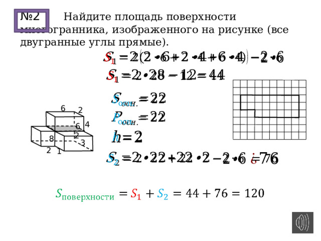 № 2 Найдите площадь поверхности многогранника, изображенного на рисунке (все двугранные углы прямые).         6 2   4 6   2 8 3 2 1         