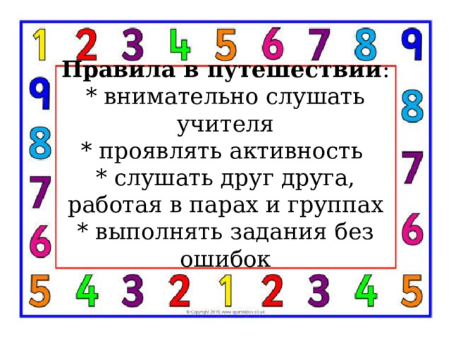 Правила в путешествии :  * внимательно слушать учителя  * проявлять активность  * слушать друг друга, работая в парах и группах  * выполнять задания без ошибок 
