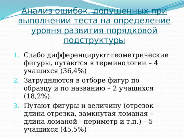 Анализ ошибок, допущенных при выполнении теста на определение уровня развития порядковой подструктуры Слабо дифференцируют геометрические фигуры, путаются в терминологии – 4 учащихся (36,4%) Затрудняются в отборе фигур по образцу и по названию – 2 учащихся (18,2%). Путают фигуры и величину (отрезок – длина отрезка, замкнутая ломаная – длина ломаной - периметр и т.п.) – 5 учащихся (45,5%) 