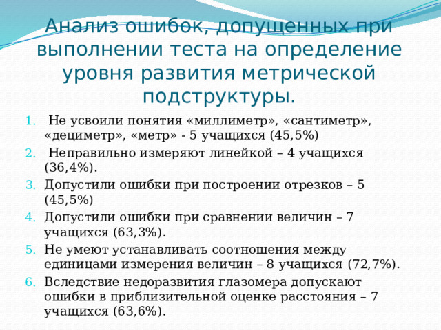 Анализ ошибок, допущенных при выполнении теста на определение уровня развития метрической подструктуры.  Не усвоили понятия «миллиметр», «сантиметр», «дециметр», «метр» - 5 учащихся (45,5%)  Неправильно измеряют линейкой – 4 учащихся (36,4%). Допустили ошибки при построении отрезков – 5 (45,5%) Допустили ошибки при сравнении величин – 7 учащихся (63,3%). Не умеют устанавливать соотношения между единицами измерения величин – 8 учащихся (72,7%). Вследствие недоразвития глазомера допускают ошибки в приблизительной оценке расстояния – 7 учащихся (63,6%). 