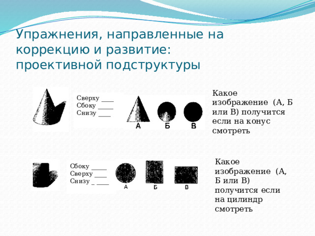 Упражнения, направленные на коррекцию и развитие:  проективной подструктуры Какое изображение (А, Б или В) получится если на конус смотреть Сверху ____ Сбоку _____ Снизу ____ Какое изображение (А, Б или В) получится если на цилиндр смотреть Сбоку _____ Сверху ____ Снизу _ ____ 