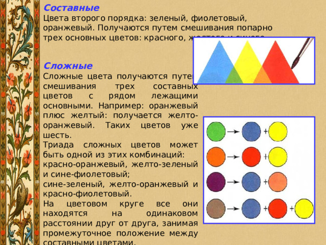 Составные Цвета второго порядка: зеленый, фиолетовый, оранжевый. Получаются путем смешивания попарно трех основных цветов: красного, желтого и синего. Сложные Сложные цвета получаются путем смешивания трех составных цветов с рядом лежащими основными. Например: оранжевый плюс желтый: получается желто-оранжевый. Таких цветов уже шесть. Триада сложных цветов может быть одной из этих комбинаций: красно-оранжевый, желто-зеленый и сине-фиолетовый; сине-зеленый, желто-оранжевый и красно-фиолетовый. На цветовом круге все они находятся на одинаковом расстоянии друг от друга, занимая промежуточное положение между составными цветами. 