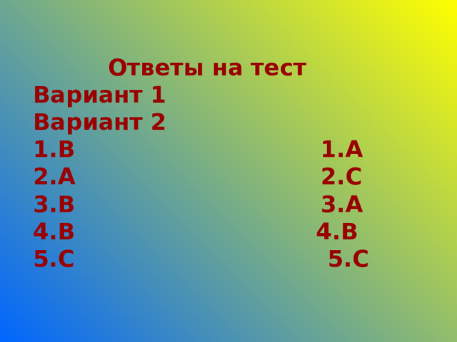 Ответы на тест Вариант 1 Вариант 2 В 1.А А 2.С В 3.А В  4.В С 5.С 