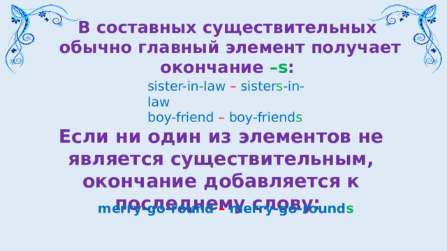 В составных существительных обычно главный элемент получает окончание –s :  sister-in-law –  sister s -in-law  boy-friend –  boy-friend s  Если ни один из элементов не является существительным, окончание добавляется к последнему слову: merry-go-round –  merry-go-round s 