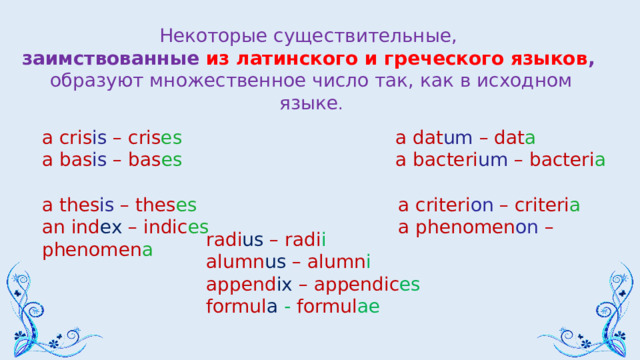 Некоторые существительные, заимствованные из  латинского и греческого языков ,  образуют множественное число так, как в исходном языке . a cris is – cris es a dat um – dat a a bas is – bas es a bacteri um – bacteri a  a thes is – thes es a criteri on – criteri a an ind ex – indic es a phenomen on – phenomen a radi us – radi i alumn us – alumn i  append ix – appendic es formul a - formul ae 