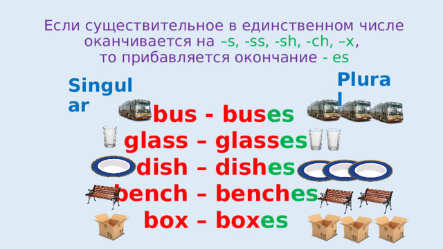 Если существительное в единственном числе оканчивается на –s, -ss, -sh, -ch, –x ,   то прибавляется окончание - es Plural Singular bus - bus es glass – glass es   dish – dish es   bench – bench es   box – box es  