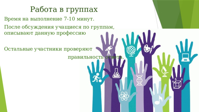 Работа в группах Время на выполнение 7-10 минут. После обсуждения учащиеся по группам, описывают данную профессию Остальные участники проверяют  правильность ответа. 