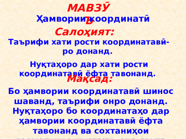 МАВЗӮЪ Ҳамвории координатӣ Салоҳият:  Таърифи хати рости координатавӣ-ро донанд. Нуқтаҳоро дар хати рости координатавӣ ёфта тавонанд. Мақсад: Бо ҳамвории координатавӣ шинос шаванд, таърифи онро донанд. Нуқтаҳоро бо координатаҳо дар ҳамвории координатавӣ ёфта тавонанд ва сохтаниҳои геометриро мустақилона сохта тавонанд.  