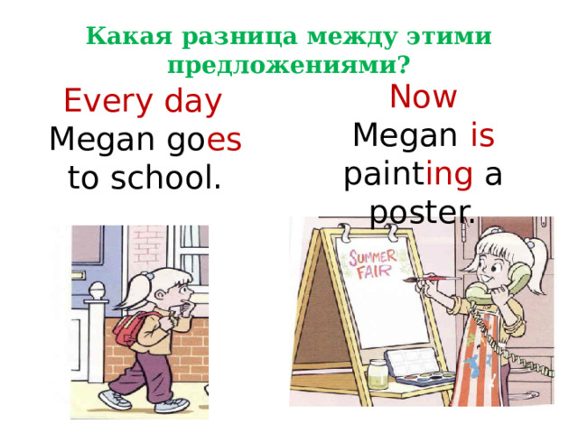 Какая разница между этими предложениями? Now Megan is paint ing a poster.  Every day Megan go es to school. 
