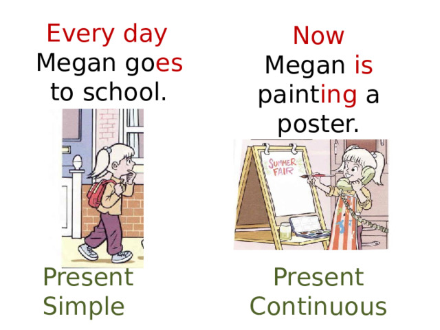  Every day Megan go es to school. Now Megan is paint ing a poster. Present Simple Present Continuous 