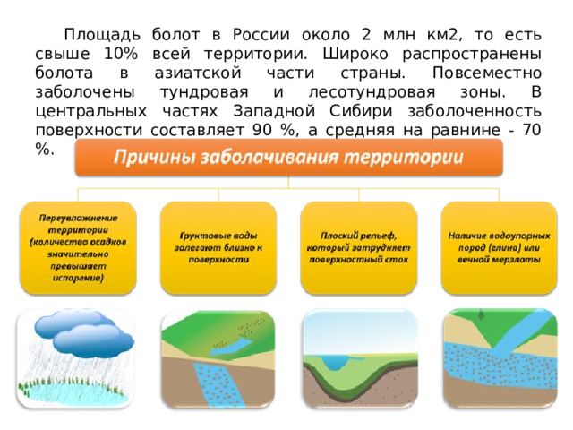  Площадь болот в России около 2 млн км2, то есть свыше 10% всей территории. Широко распространены болота в азиатской части страны. Повсеместно заболочены тундровая и лесотундровая зоны. В центральных частях Западной Сибири заболоченность поверхности составляет 90 %, а средняя на равнине - 70 %. 