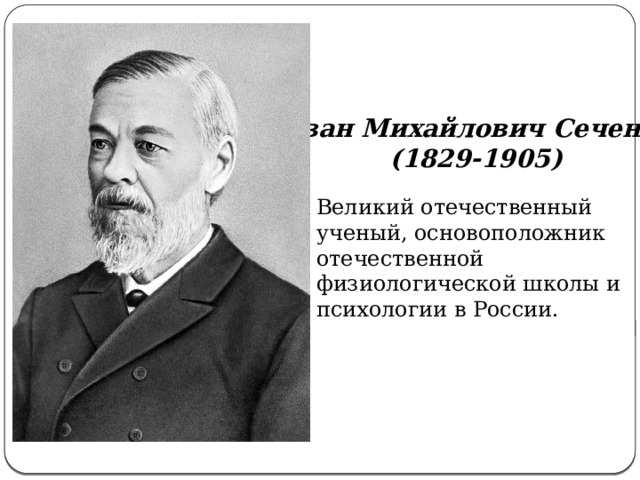 Иван Михайлович Сеченов (1829-1905) Великий отечественный ученый, основоположник отечественной физиологической школы и психологии в России. 