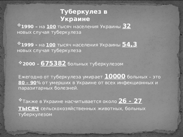 Туберкулез в Украине 1990 – на 100 тысяч населения Украины 32  новых случая туберкулеза 1999 - на 100 тысяч населения Украины 54,3  новых случая туберкулеза 2000 – 675382 больных туберкулезом Ежегодно от туберкулеза умирает 10000 больных – это 80 – 90 % от умерших в Украине от всех инфекционных и паразитарных болезней. Также в Украине насчитывается около 26 - 27 тысяч сельскохозяйственных животных, больных туберкулезом  