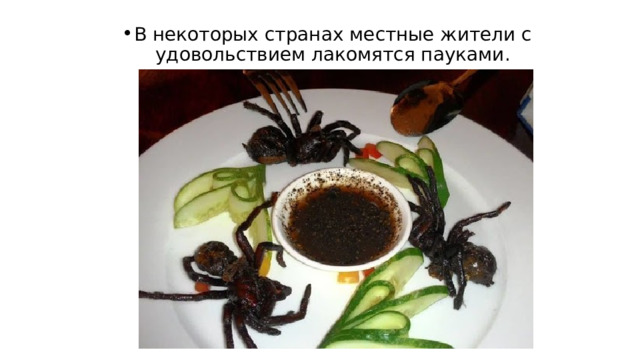 В некоторых странах местные жители с удовольствием лакомятся пауками. 