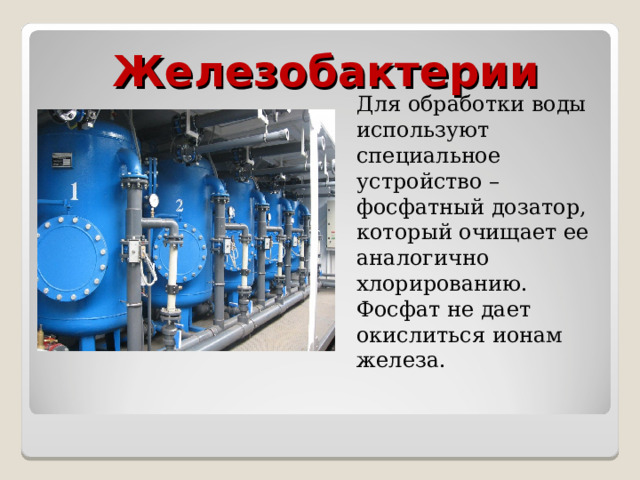 Железобактерии Для обработки воды используют специальное устройство – фосфатный дозатор, который очищает ее аналогично хлорированию. Фосфат не дает окислиться ионам железа. 