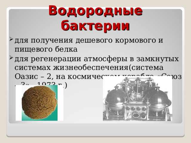 Водородные бактерии для получения дешевого кормового и пищевого белка для регенерации атмосферы в замкнутых системах жизнеобеспечения(система Оазис – 2, на космическом корабле «Союз – 3» , 1973 г.) 
